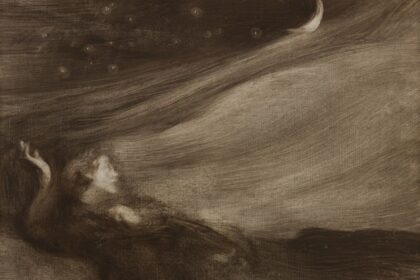 Dunkle, monochrome Szene mit liegender Gestalt und schmaler Mondsichel