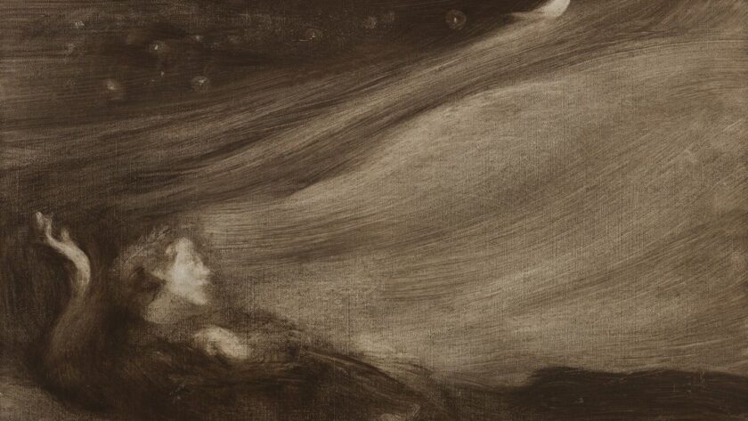 Dunkle, monochrome Szene mit liegender Gestalt und schmaler Mondsichel
