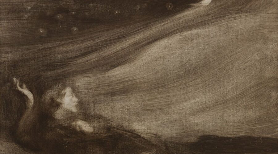 Dunkle, monochrome Szene mit liegender Gestalt und schmaler Mondsichel